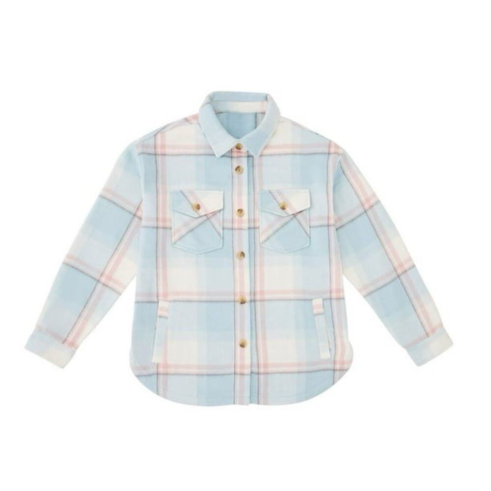 Youth Girl Shacket Jacket Heavy Thick Button-up Light Blue Plaid Soft Brush XL‎